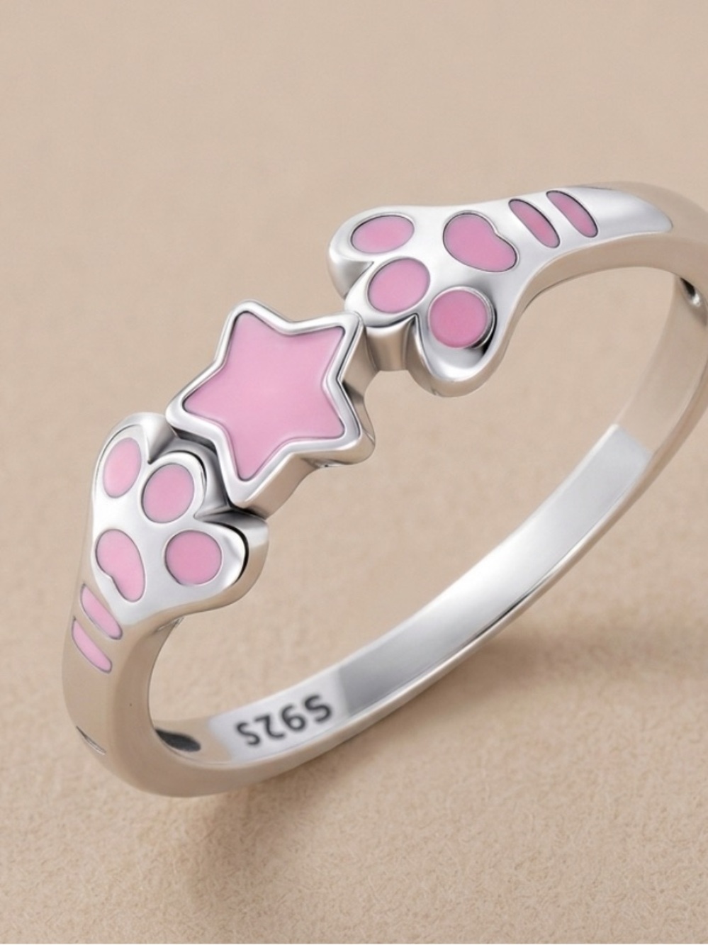 Sterling Silver Pink Star & Paw Print Ring